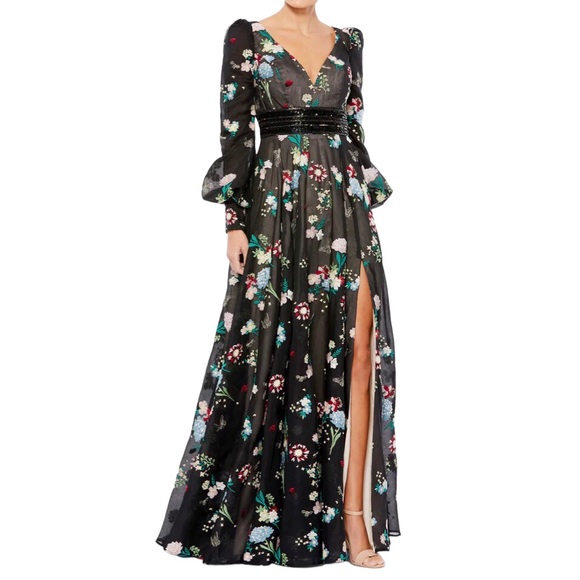 Mac Duggal Dresses & Skirts - Mac Duggal Floral Embroidered Bishop Sleeve Gown Size 16 Jewel Embellished Waist